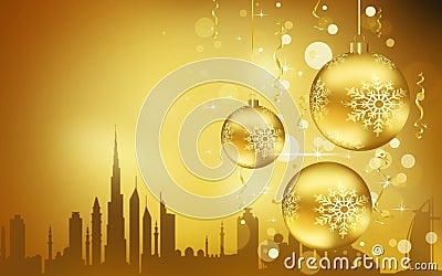 Dubai City â€‹â€‹silhouette , Golden Christmas Balls decorations Stock Photo